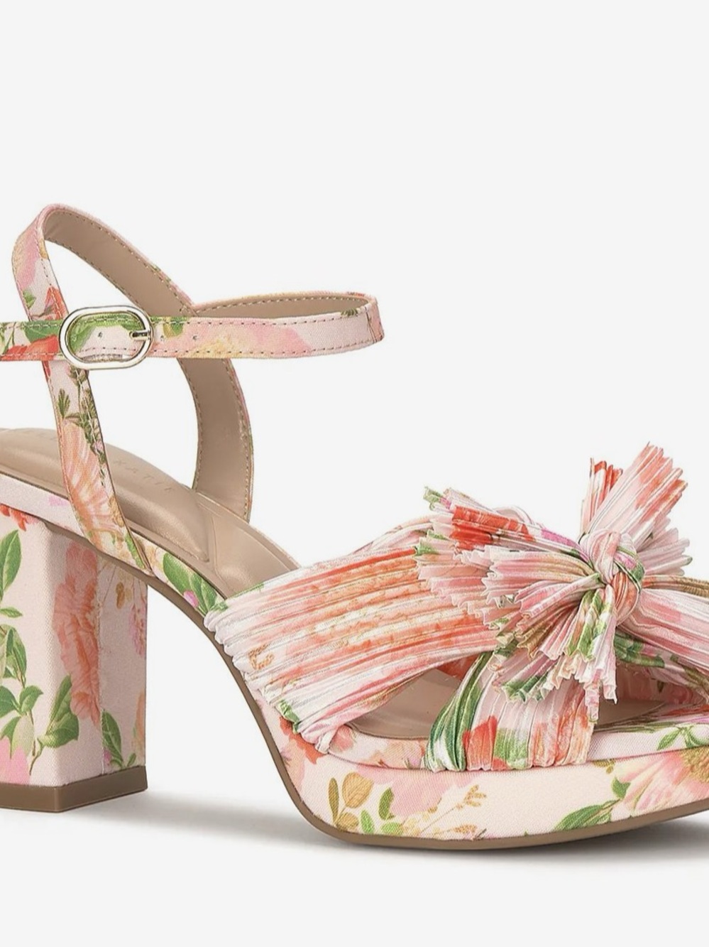 Kelly & Katie Pink Floral Pleated Bow Block Heel Sandal